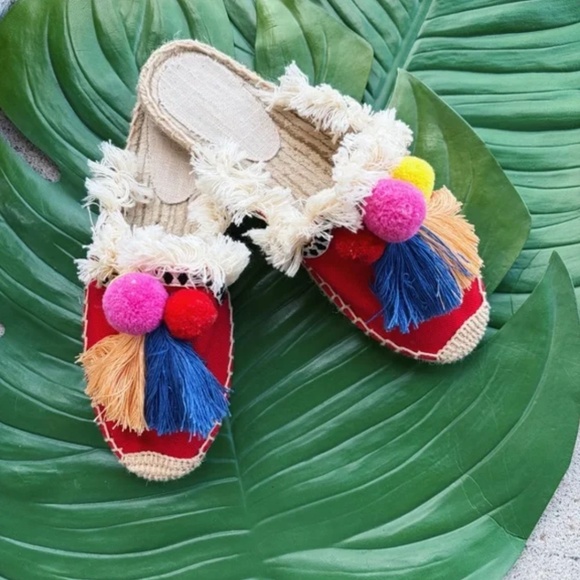 Shoes - Red Mule Slip On Shoes with Pom Poms and Tassels